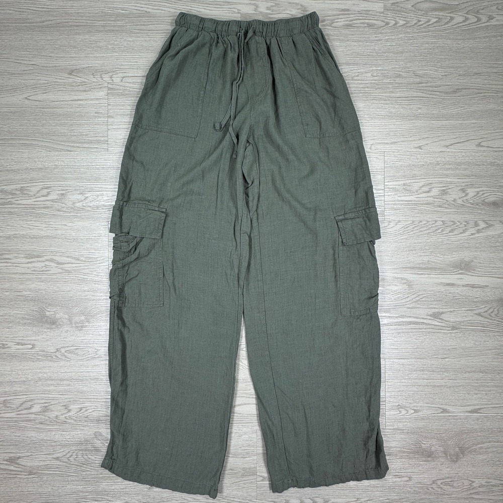 Rachel Paige Women Pants XS Green Linen Blend Cargo Elastic‎ Waist Drawstring XS